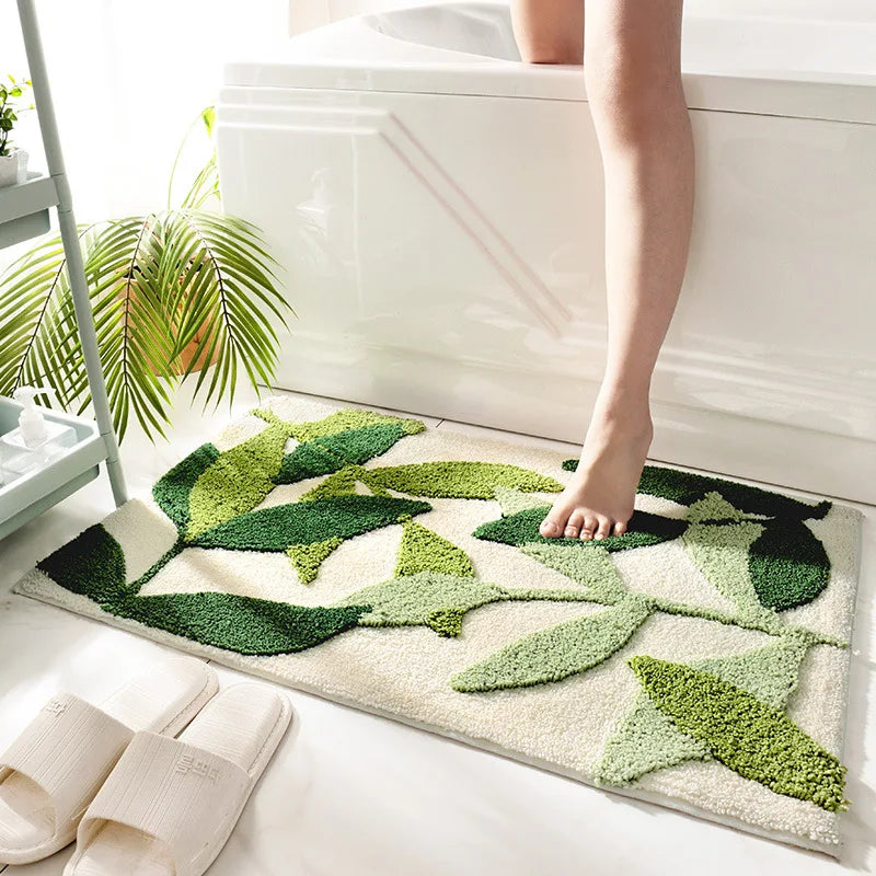 Tapis salle de bain feuille vert douceur luxe