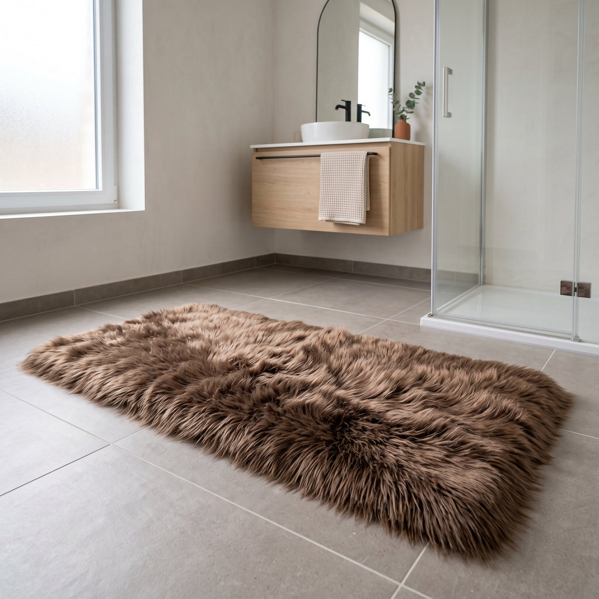 Tapis de Bain Fausse Fourrure Moelleux Café en situation