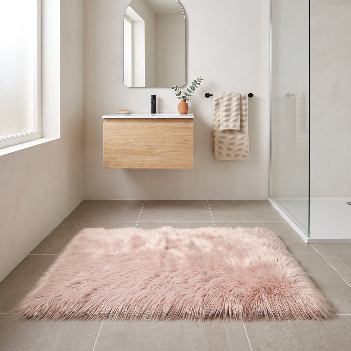 Tapis de Bain Fausse Fourrure Moelleux Rose en situation