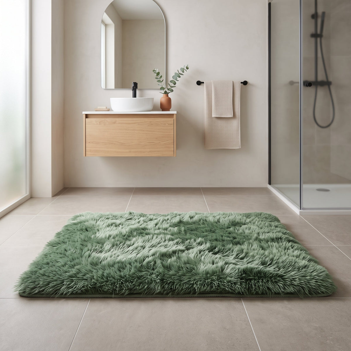 Tapis de Bain Fausse Fourrure Moelleux Vert en situation