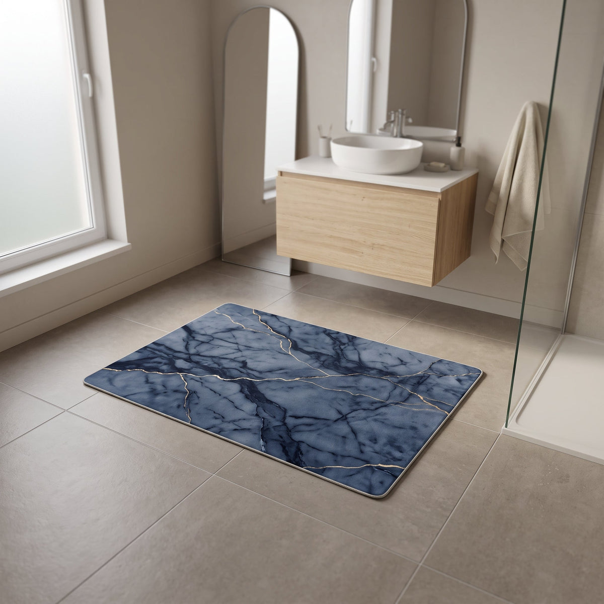 Tapis de Bain Marbre Nordique Bleu Marine en situation, vue en plongée