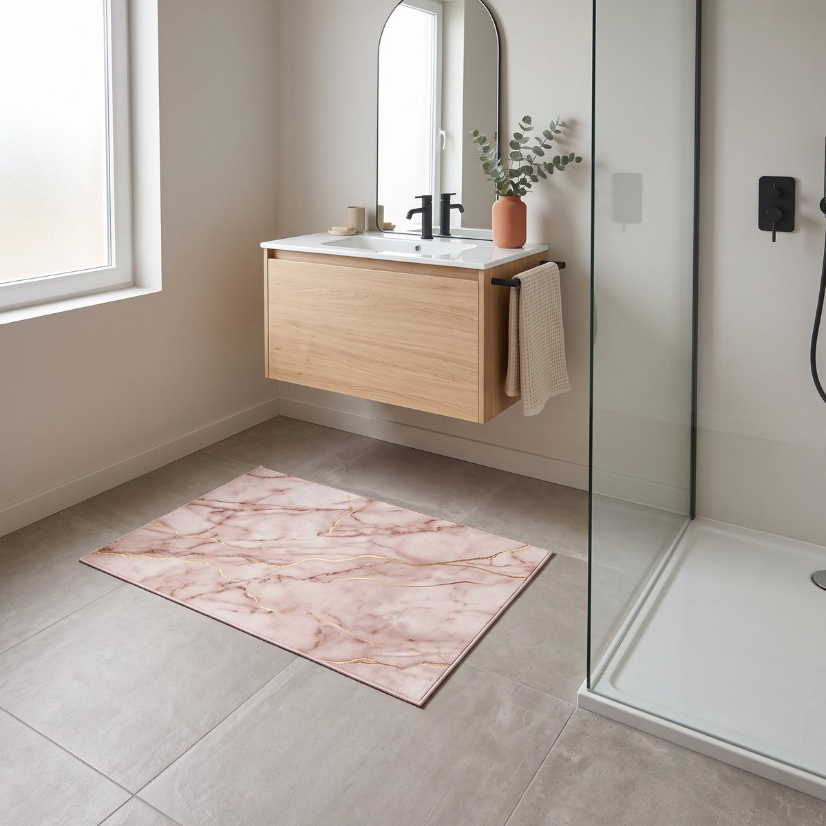 Tapis de Bain Marbre Nordique Rose Doré en situation, vue en plongée