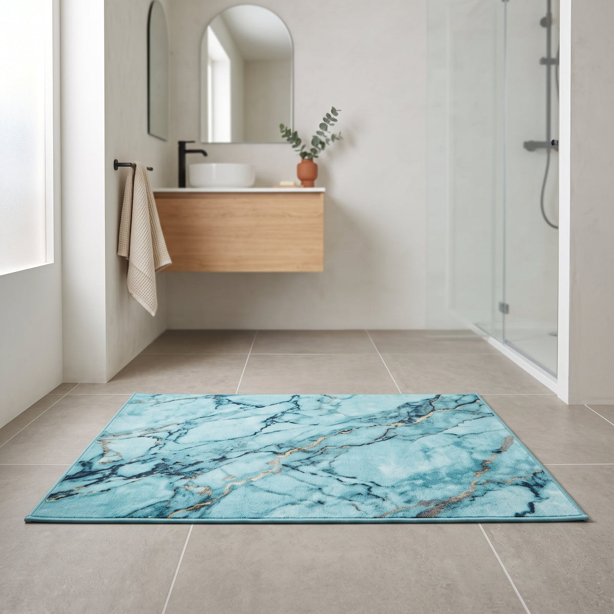 Tapis de Bain Marbre Nordique Turquoise en situation