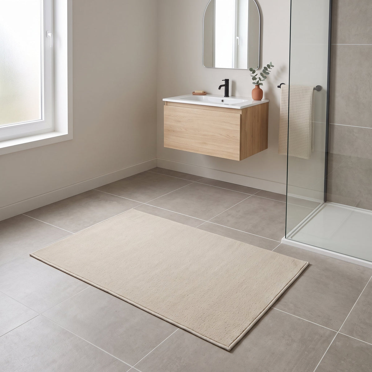 Tapis de Salle de Bain Lin Naturel en situation, vue en plongée
