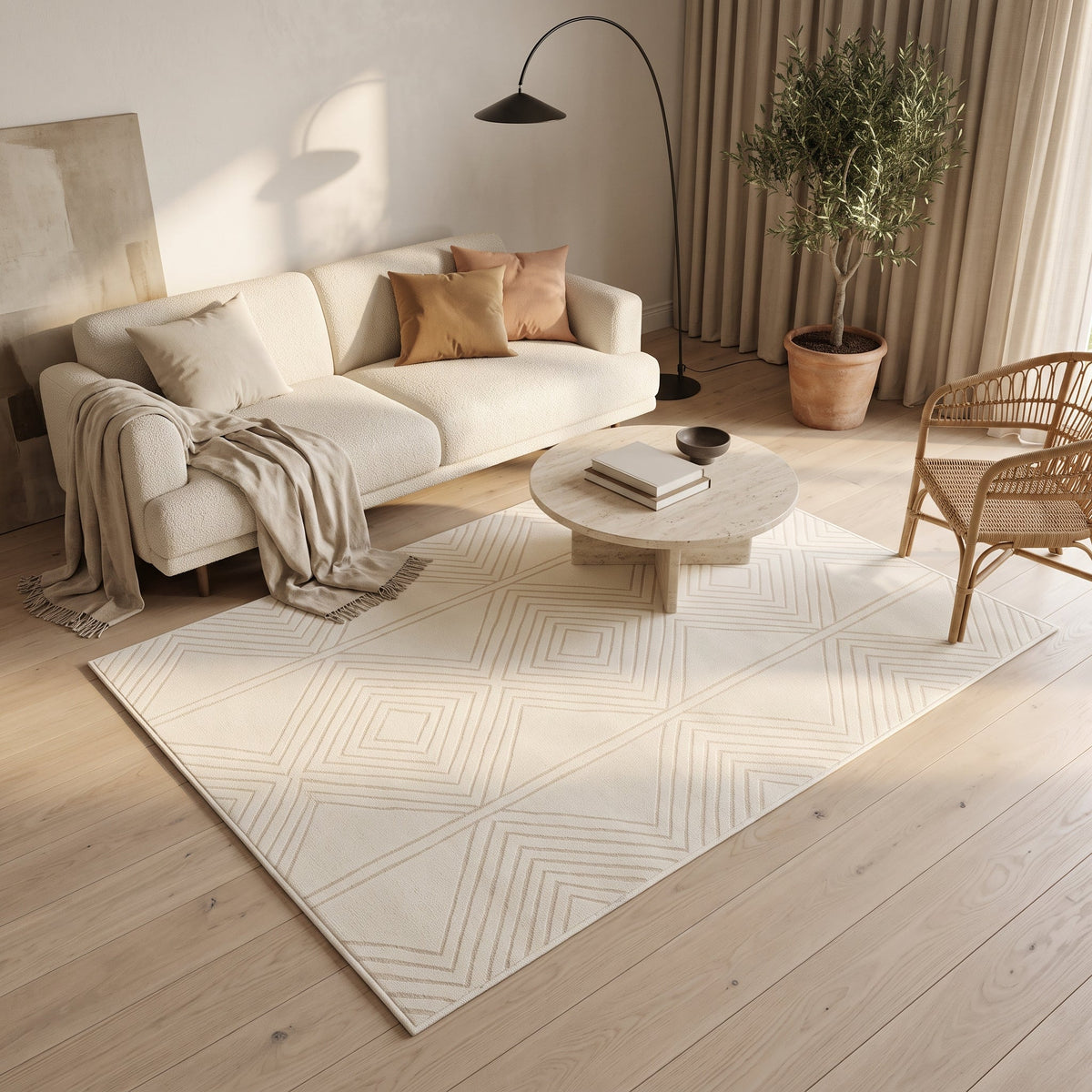 Tapis de salon géométrique crème en situation, vue en plongée